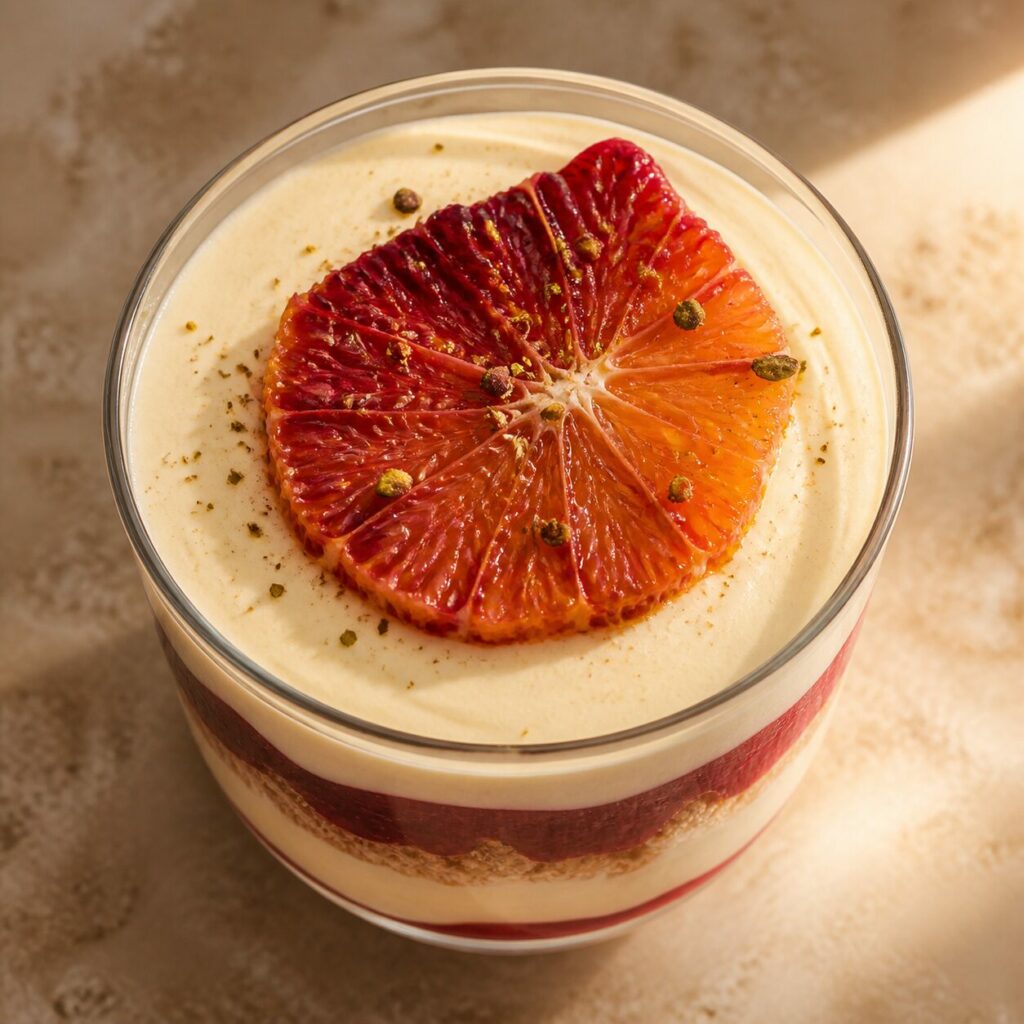 Dessus de tiramisu à l’orange sanguine décoré de pistaches