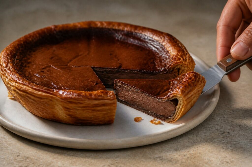 Dessus finement caramélisé de la part de flan pâtissier au chocolat
