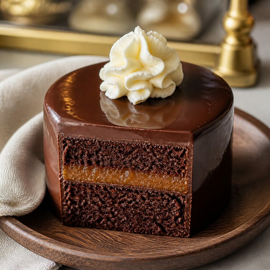 Albicocca tra due strati di pan di Spagna nella mini Sachertorte tagliata