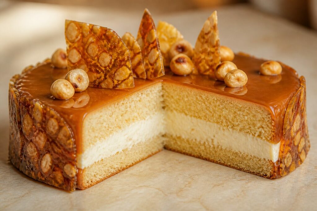 Deux couches épaisses de biscuit entourent la crème du gâteau nougatine-vanille