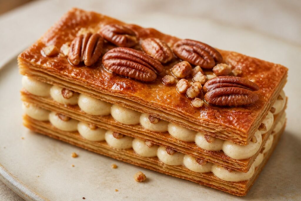Deux étages de crème dans le mille-feuille pécan-érable
