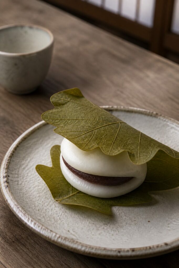 Deux moitiés blanches enserrent l'anko du kashiwa mochi