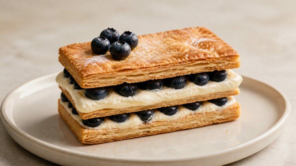 Deux niveaux fruités sous le feuilletage net du gâteau Napoléon