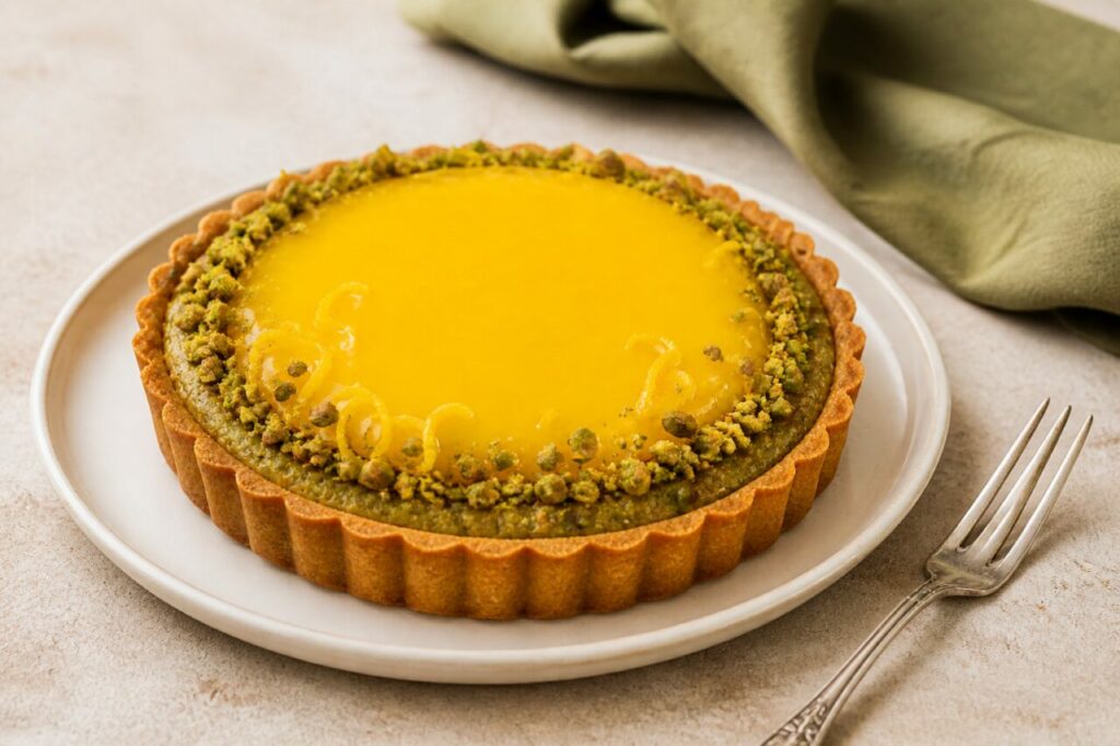 Smooth lemon disc crowns the pistachio tart