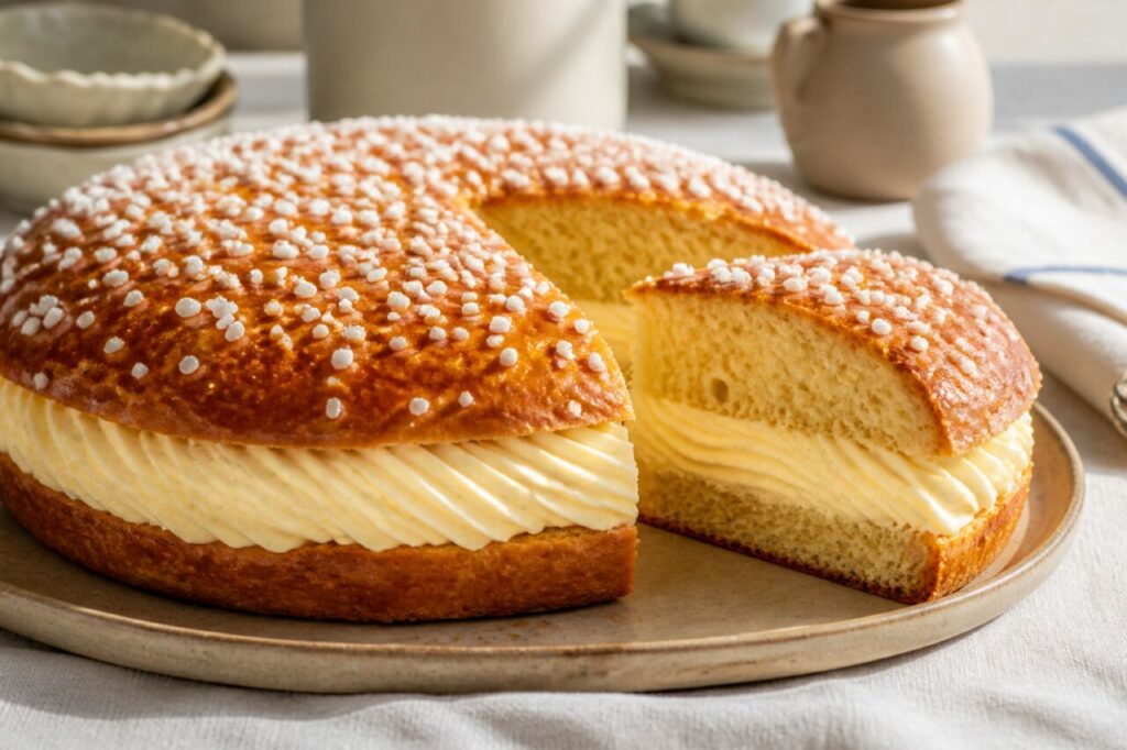 Farcitura abbondante di crema nella tarte tropézienne tagliata