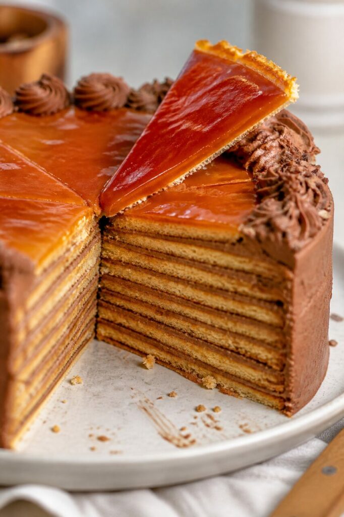 Plaque de caramel soulevée au-dessus des fines strates du Dobos Torta