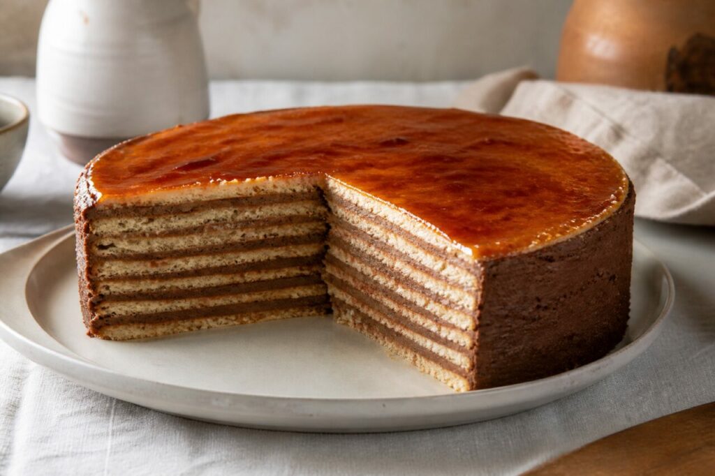 Fines couches régulières de crème et de biscuit du Dobos Torta