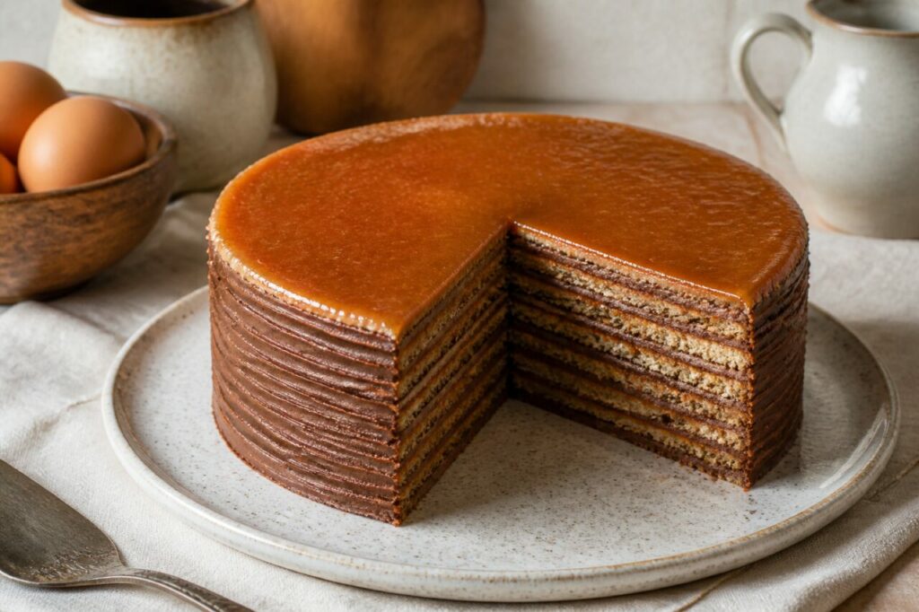 Dobos Torta chocolat-caramel entamée avec ses couches visibles