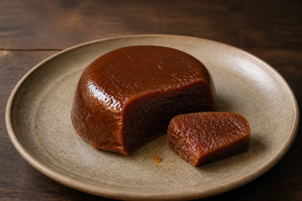 Dodol malaisien brun ambré à surface brillante avec part coupée sur assiette artisanale