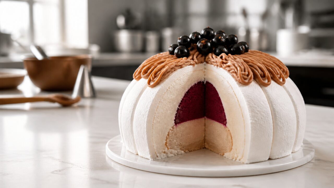 Dôme de meringue, insert cassis et marron — Vacherin marron-cassis glacé
