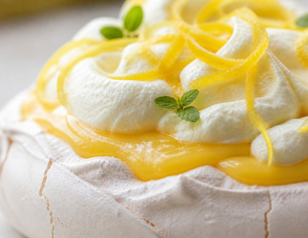 Coração cítrico sob os montinhos de creme branco da pavlova