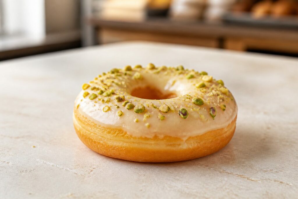 Donut glacé ivoire aux pistaches en vue trois-quarts