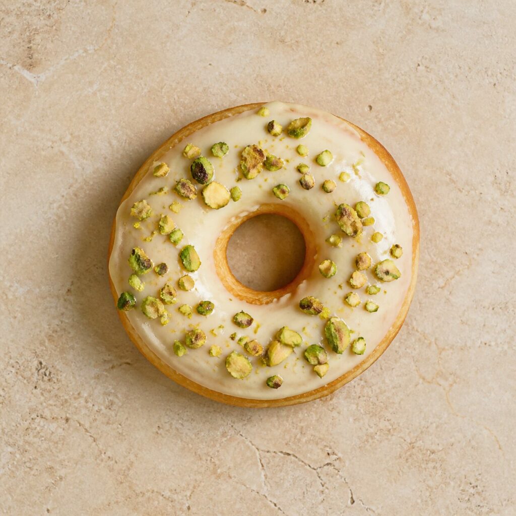 Donut rond au glaçage ivoire et pistaches en plongée carrée