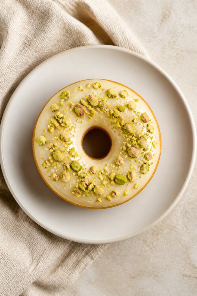 Donut rond au glaçage ivoire et pistaches vu du dessus