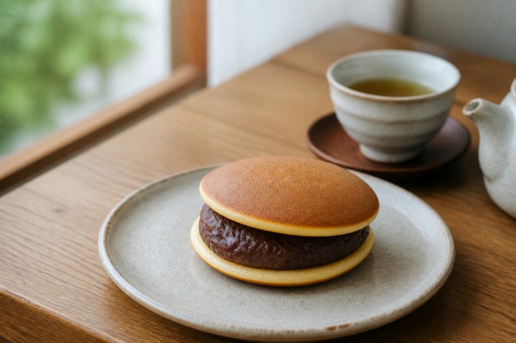 Dorayaki à l'anko avec théière assortie et tasse