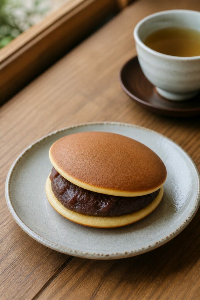 Dorayaki giapponese all'anko con una tazza di tè verde