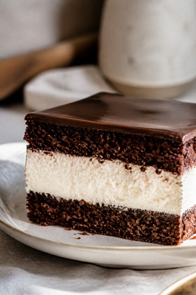 Two dark sponge layers hold the cream in the Wuzetka