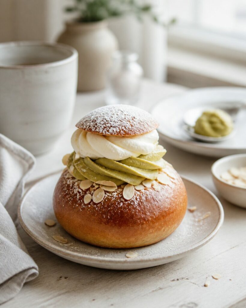 Double couronne crémeuse du semla suédois à la pistache