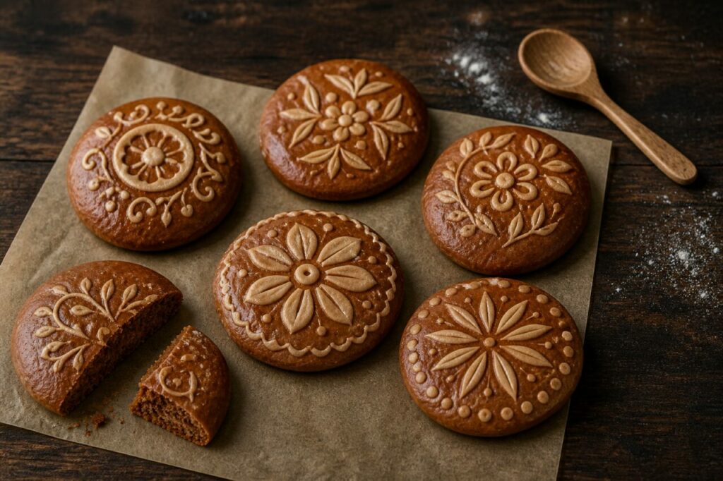 Douceur traditionnelle slovène — Les dražgoški kruhki sont disposés en petits pains ronds bruns, décorés de motifs floraux en relief