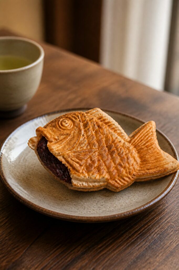 Squame in rilievo sul taiyaki servito con una tazza fumante