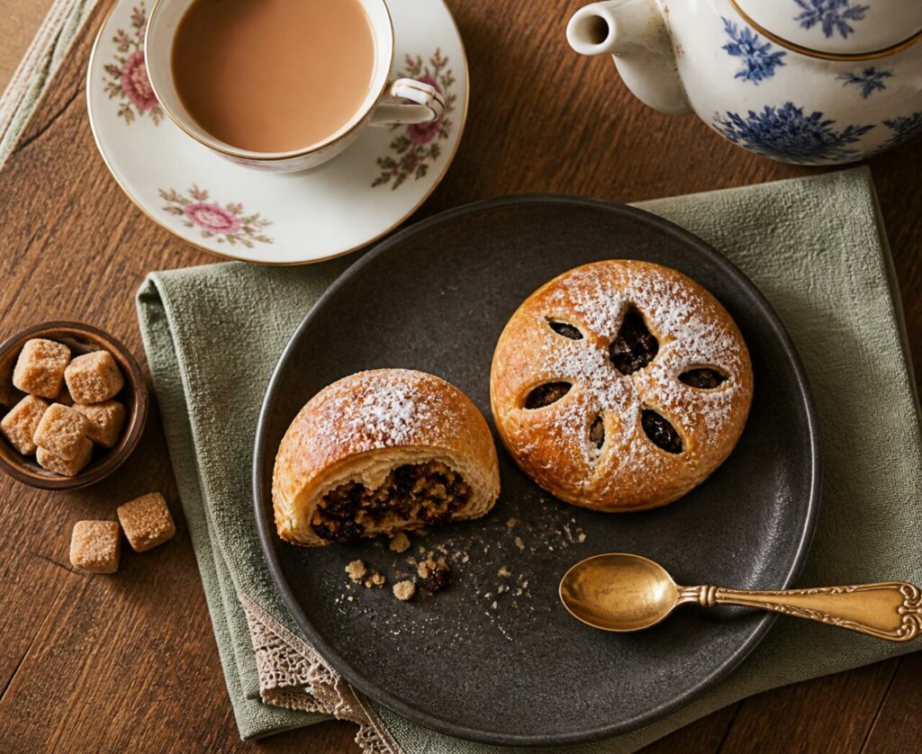 Eccles cake de pasas, redondo y bien dorado