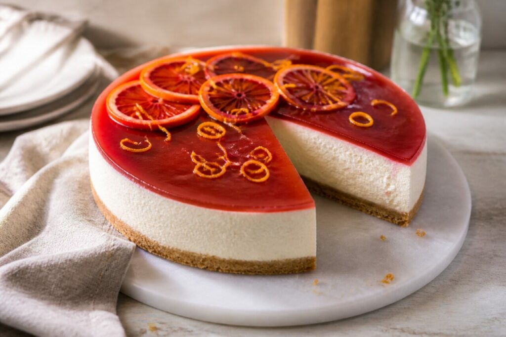 Éclat rubis sur le cheesecake à l'orange sanguine entamé