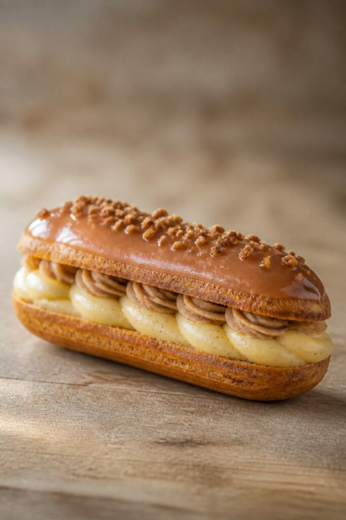 Crunchy crumbs cover the icing of the chestnut éclair