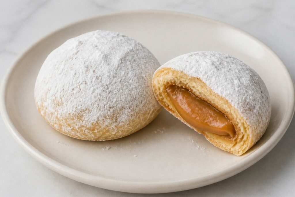 Douceur chilienne traditionnelle — empolvados ronds couverts de sucre glace, avec une pièce ouverte sur un cœur sombre