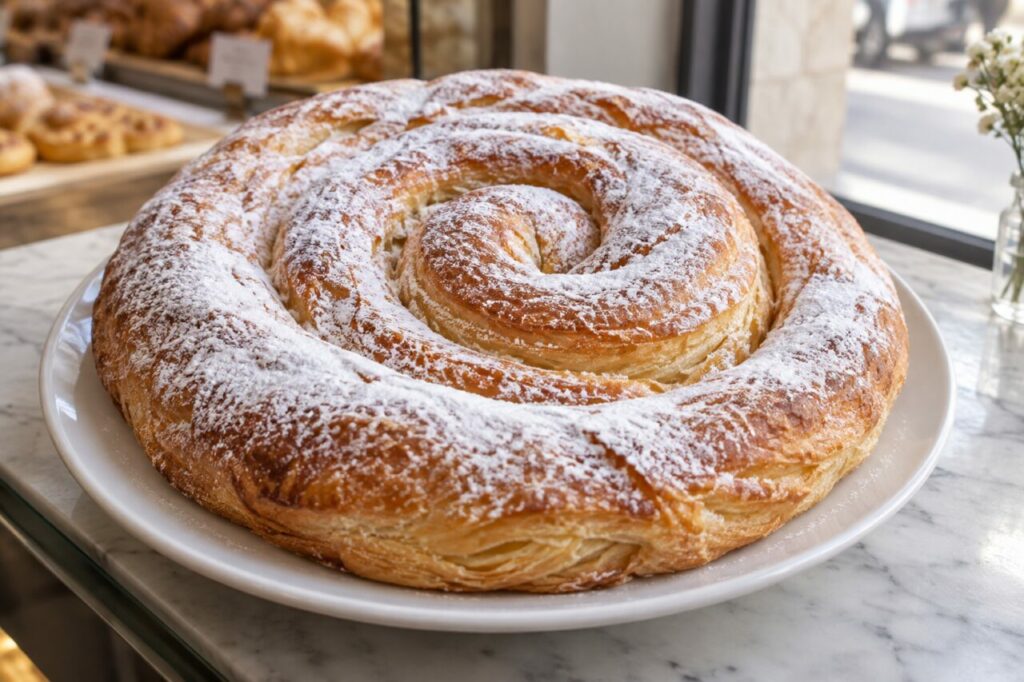 Whole Spanish ensaimada dusted with sugar on a white plate
