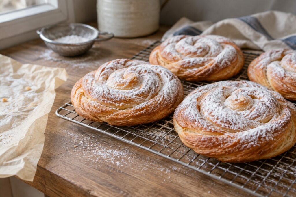 Ensaimada pastries cooling on a wire rack with parchment