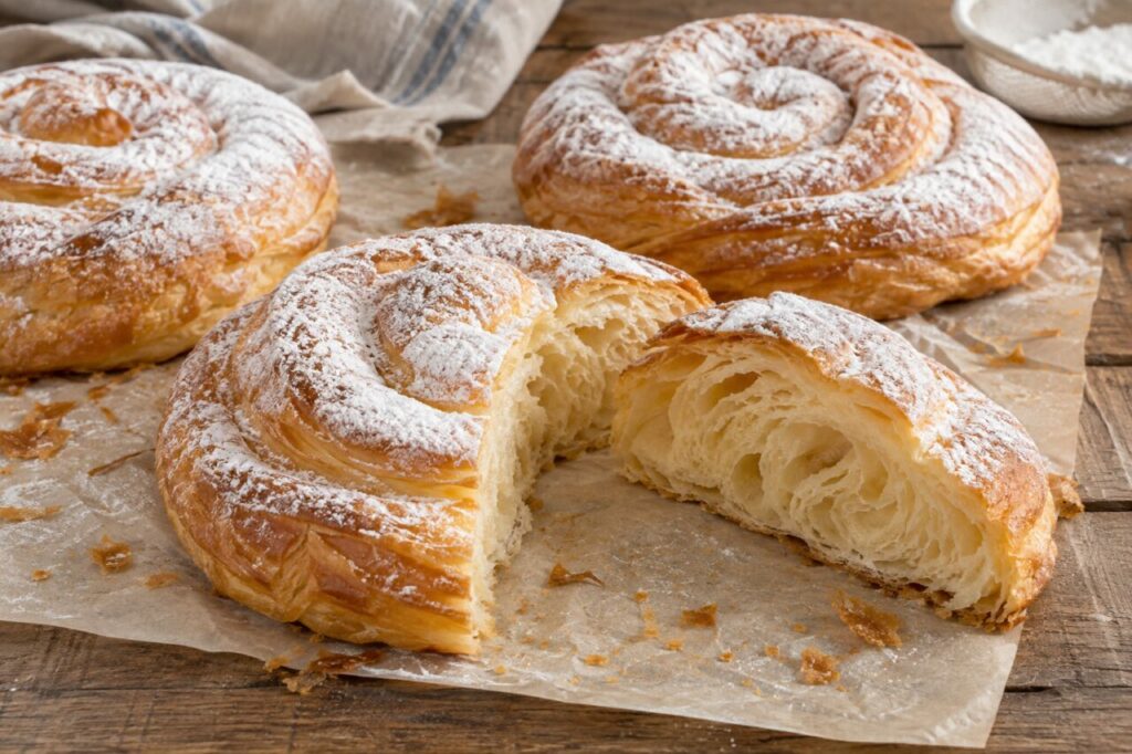 Open ensaimadas with pale crumb on baking paper over wood