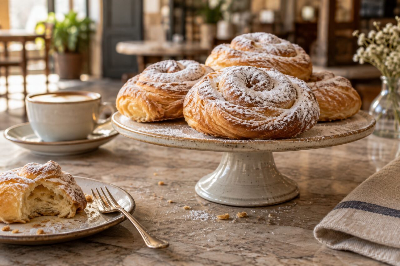 Ensaimadas sur présentoir en céramique avec une fourchette