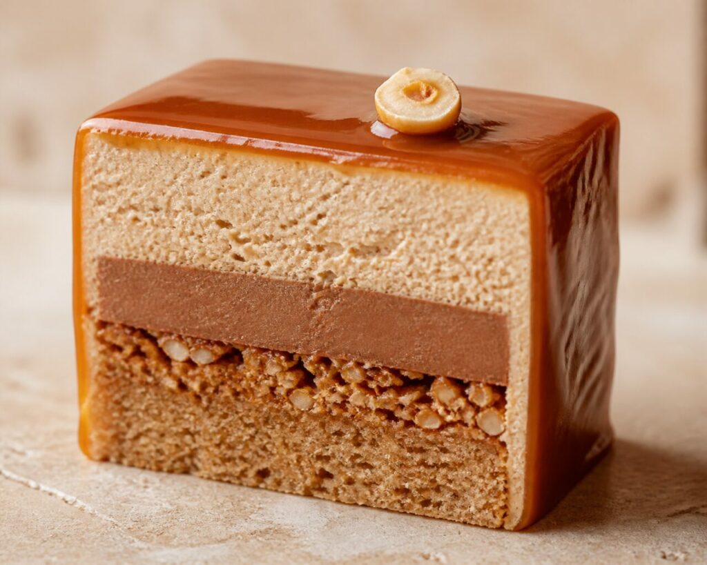 Praliné et gianduja en couches sous le glaçage brillant