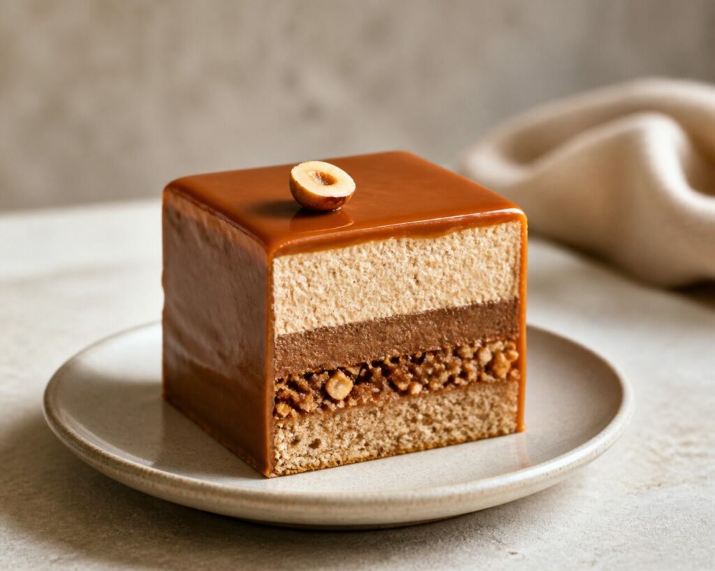 Cube entier au caramel posé sur son assiette