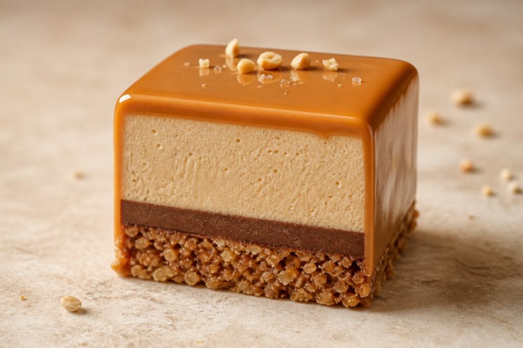 Quatre textures révélées dans le cube praliné-gianduja
