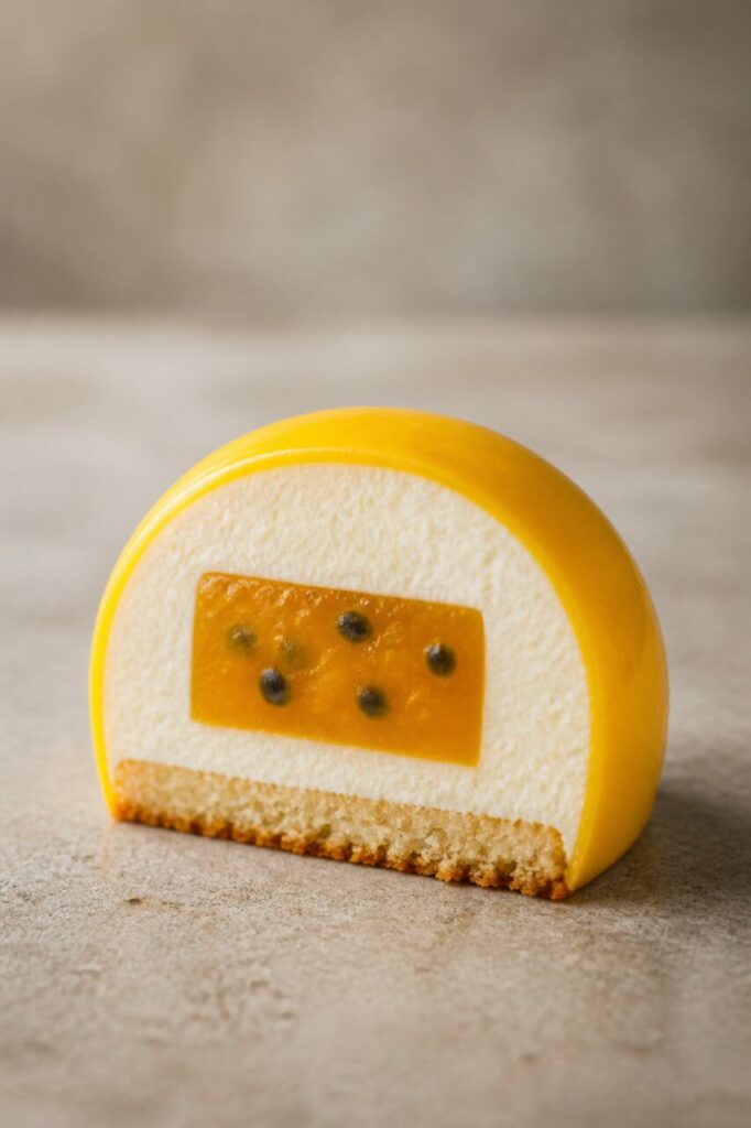 Demi-sphère entamée de mangue, passion et coco