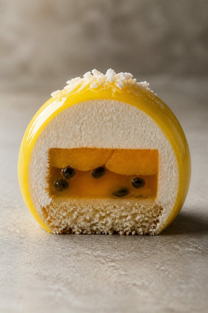 Éclats blancs sur l'entremets mangue-passion-coco