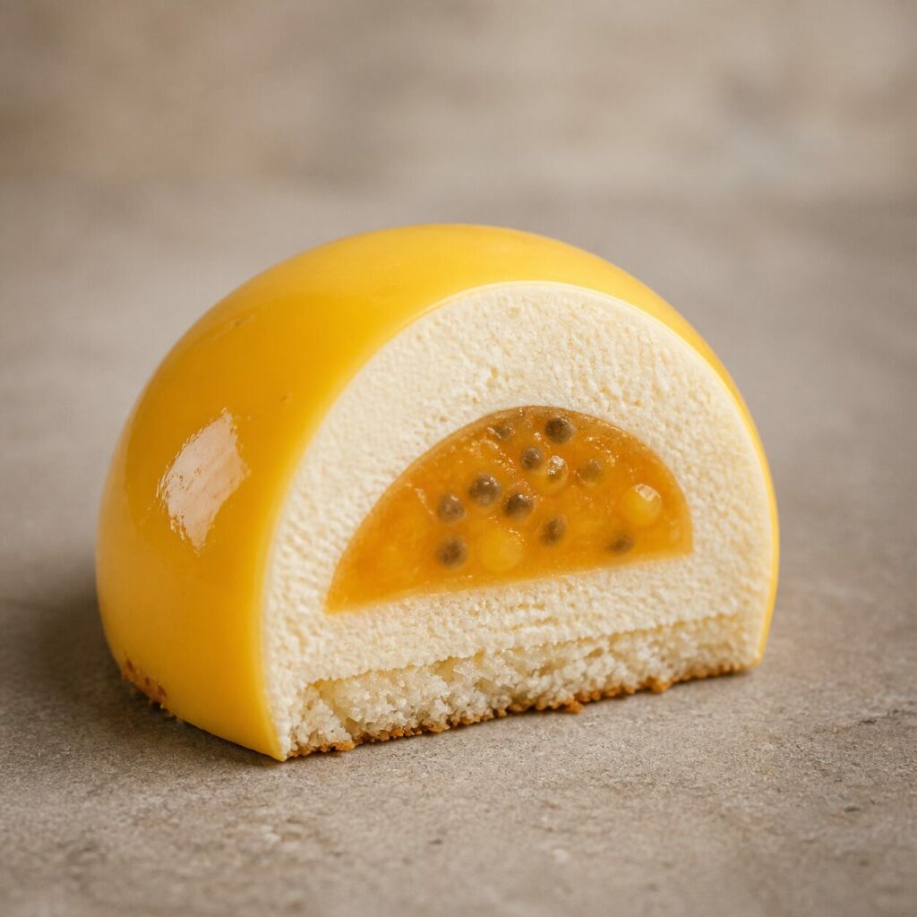 Dôme mangue-passion-coco ouvert sur ses couches