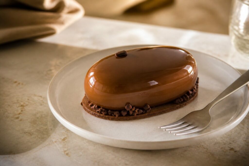 Fourchette posée à côté de l'entremets ovale entier