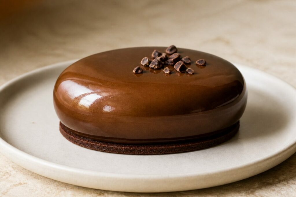Ovale glacé posé sur le biscuit chocolat de l'entremets