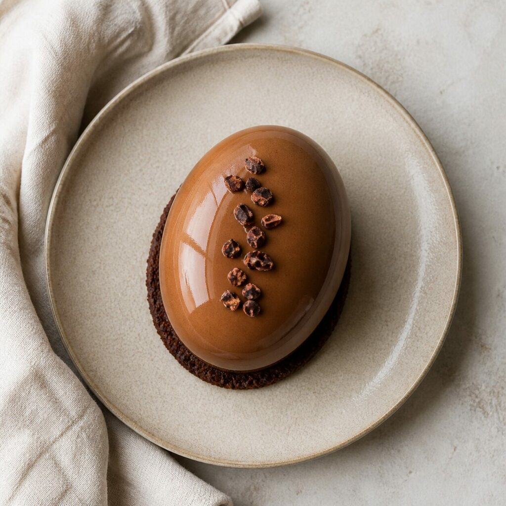 Grué de cacao au centre de l'entremets brun
