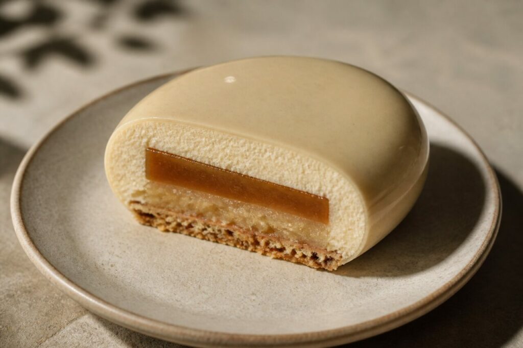 Entremet op lichte keramiek — Peren-vanille-karamelentremet