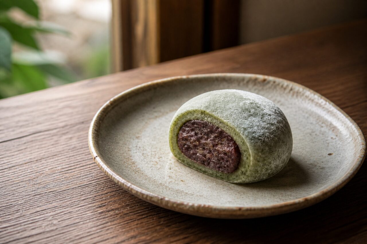 Powdered sage-green wrapper surrounds the anko in the yomogi daifuku