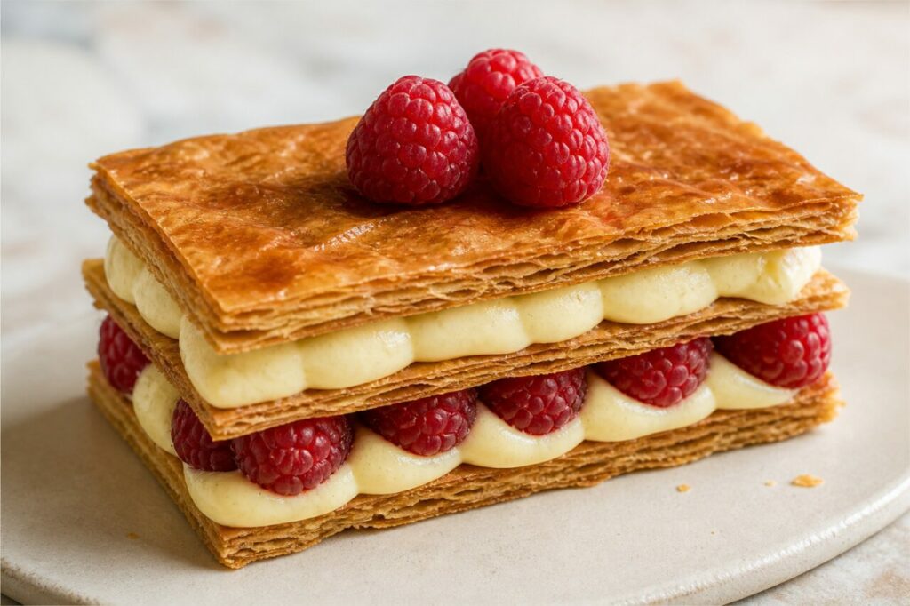 Épaisseur de crème ivoire entre les feuillets du mille-feuille aux framboises