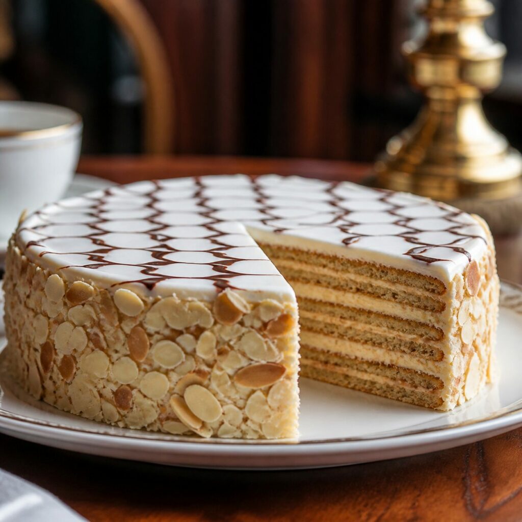 Strates aux amandes dans la coupe de l'Esterhazy Torte