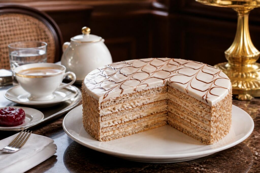 Esterhazy Torte aux amandes entamée dans un décor de café