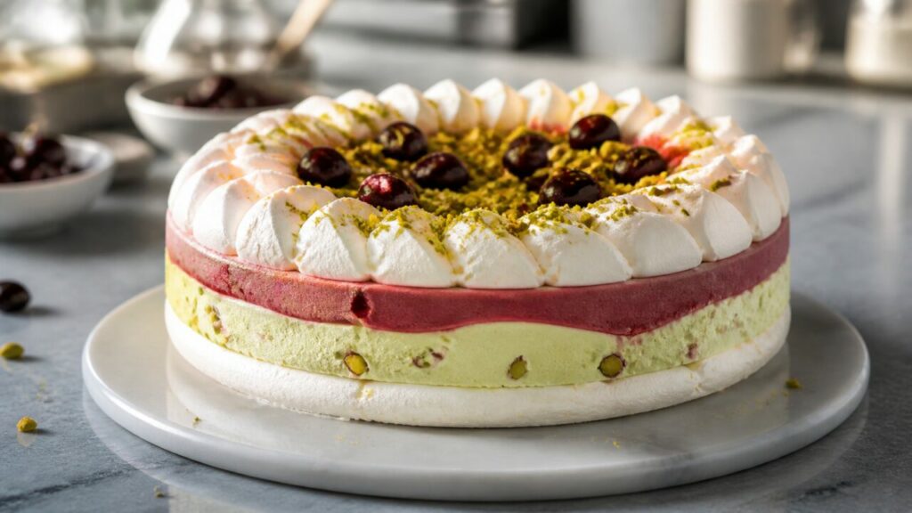 Sour-cherry layer over pistachio ice cream and meringue — Pistachio sour-cherry frozen vacherin