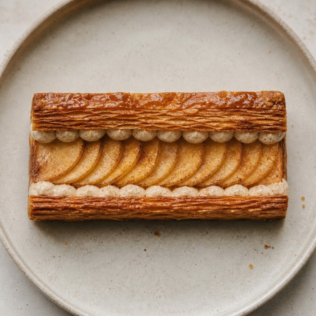 Éventail de pommes garnissant le mille-feuille pommes-cannelle