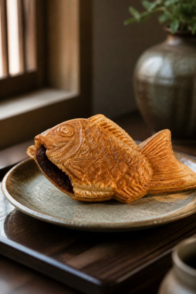 Estremità aperta del taiyaki illuminata dalla luce del giorno