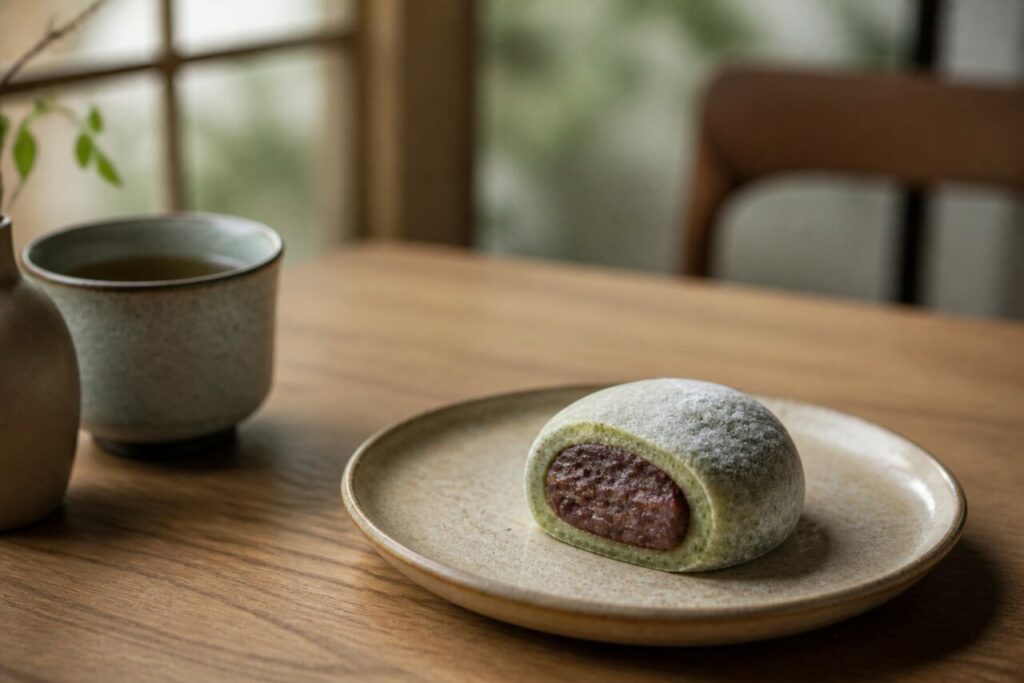 Halved yomogi daifuku packed with thick anko filling